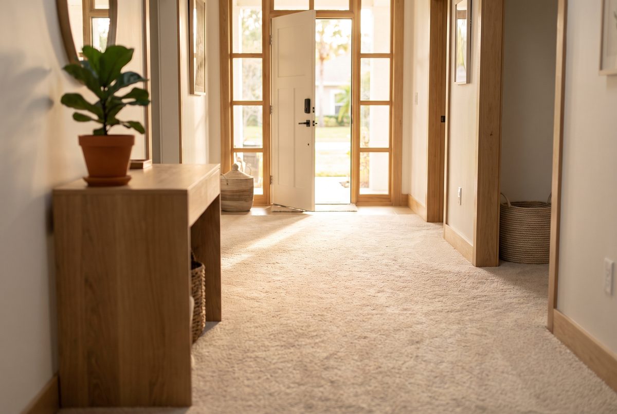 A clean light carpet in a bright Florida hallway leading to an open front door with sunlight on the floor.
