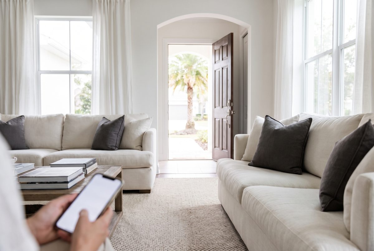 A homeowner looking at a phone in a sunlit Orlando living room with a clean light carpet and an open front door behind them.