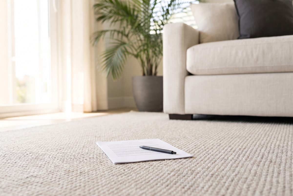 A printed service quote and a pen resting on a light carpet in a bright Florida living room.